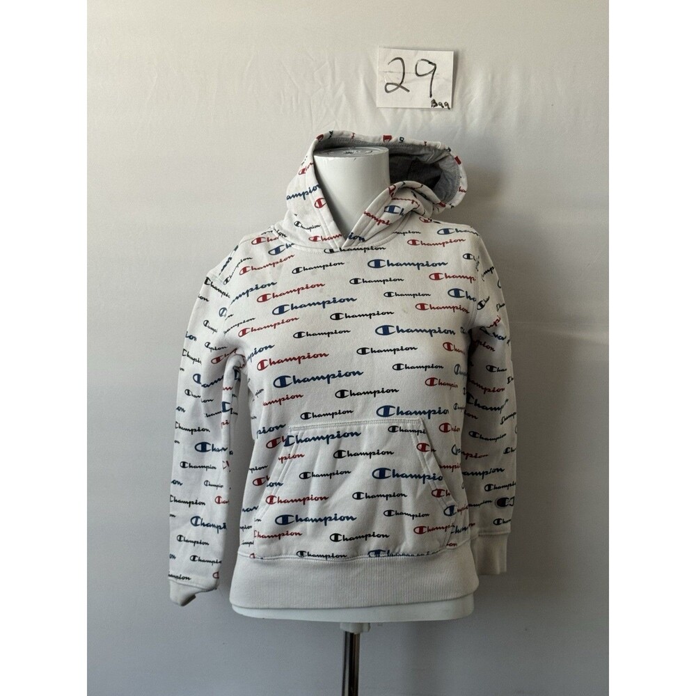 Champion All Over Script Logo Hoodie White Pullover Women’s Small Sweatshirt